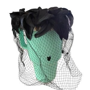 Vintage Union Made USA Black Feather Pillbox Type Hat Dot Net Veil 50/60's